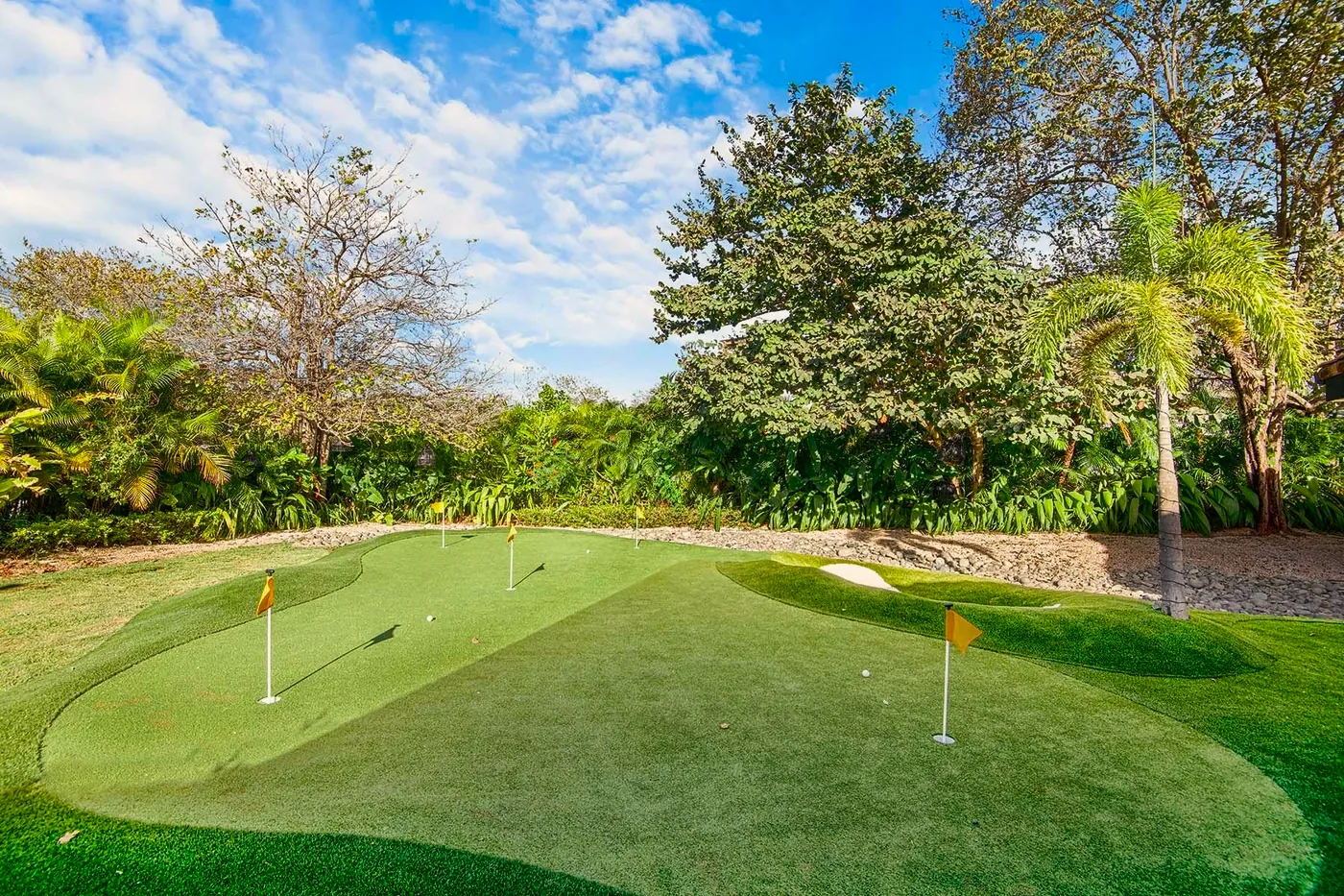 Amplio putting green con varias banderas, bajo árboles tropicales
