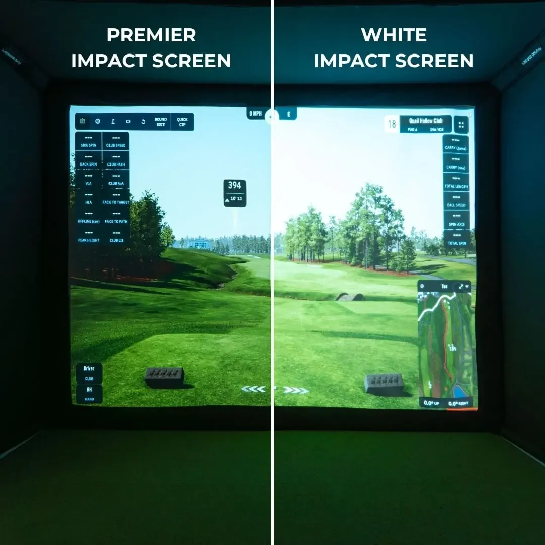 The grey SIGPRO Premier impact screen beside a standard white screen, the Premier showing the deeper, crisper picture