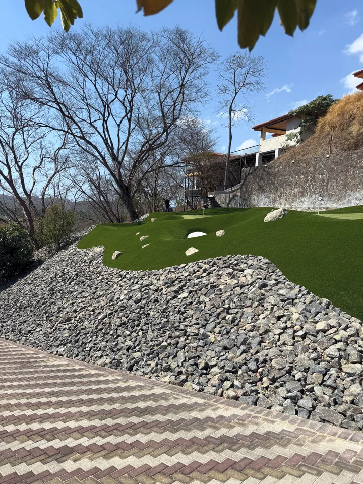 Challenging mountain-side putting green.