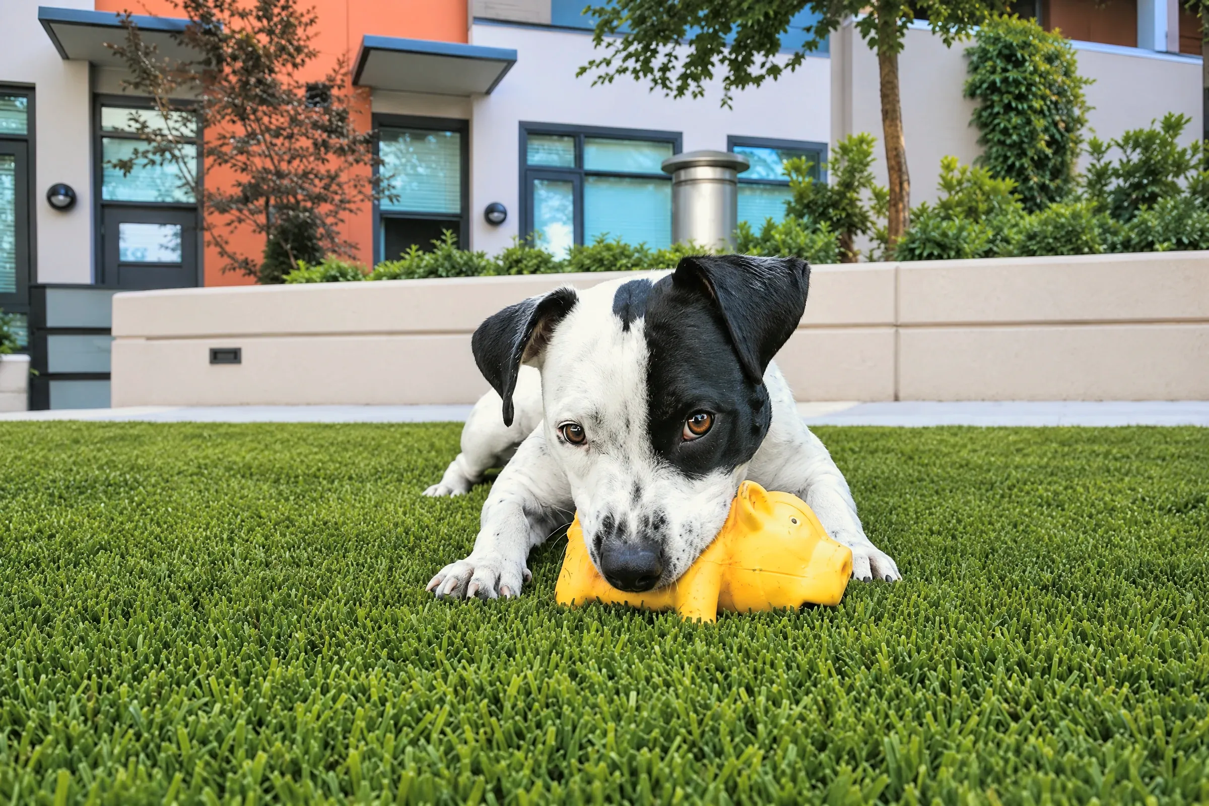 A black and white puppy chewing a yellow toy on a synthetic lawn