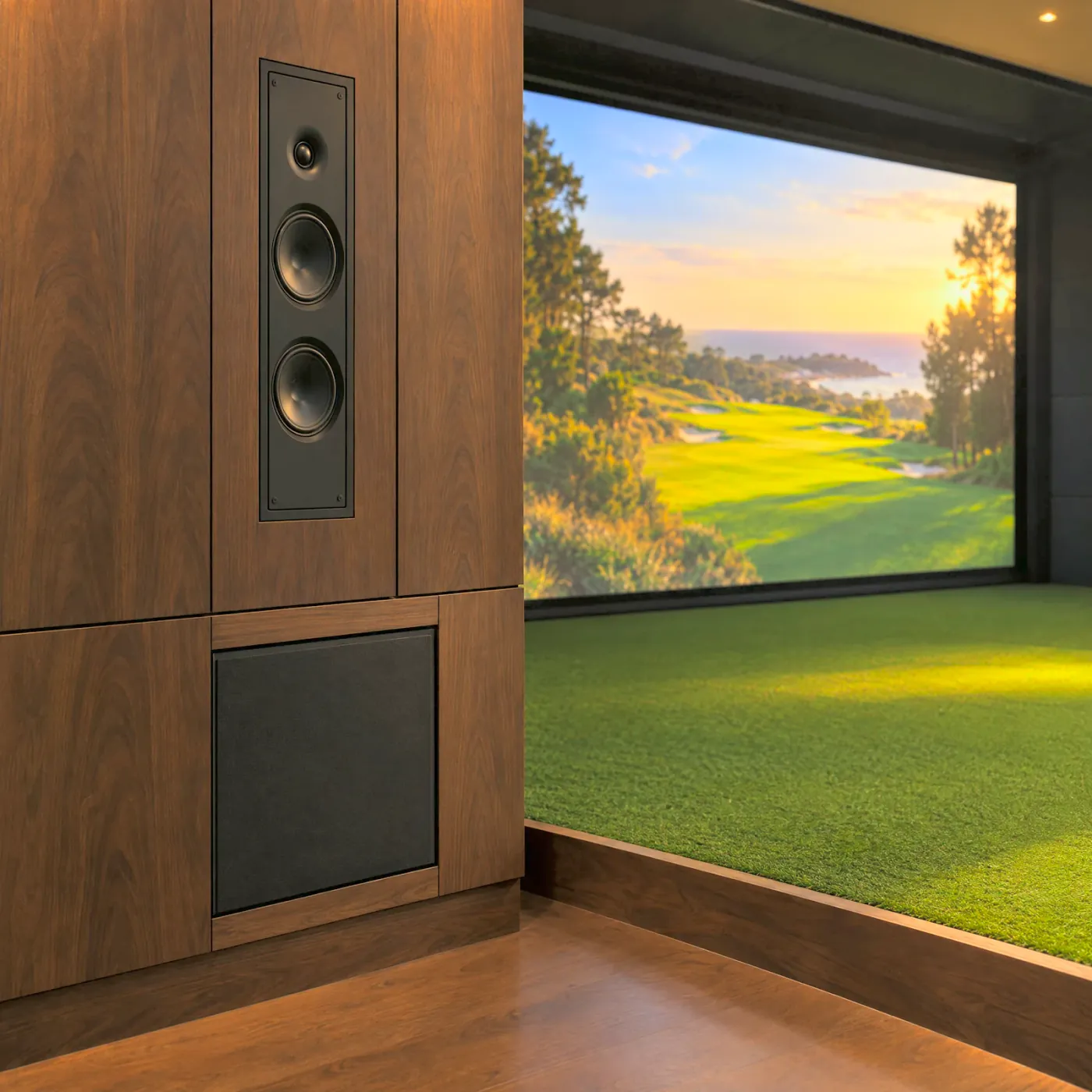 A slim in-wall speaker and a subwoofer built into walnut panelling beside a golf simulator