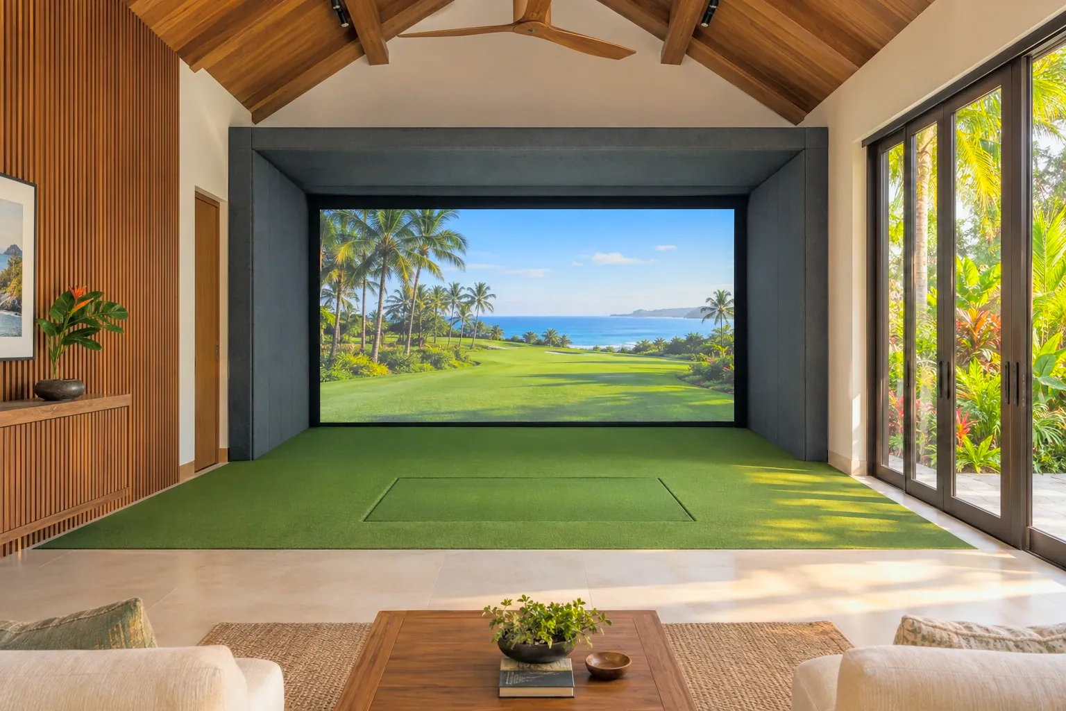 A golf simulator room in a tropical villa, turf fitted wall to wall and glass doors open to the garden