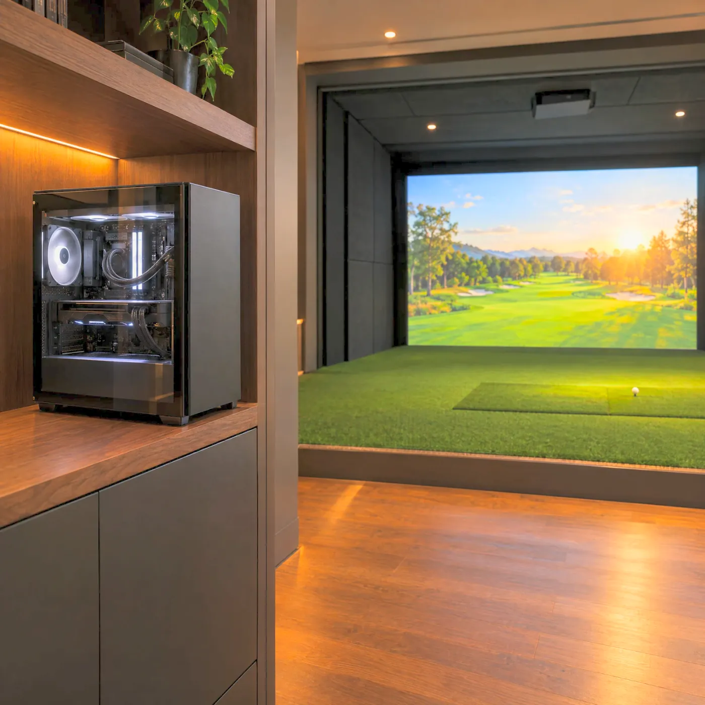 A black gaming PC on a walnut shelf beside a golf simulator