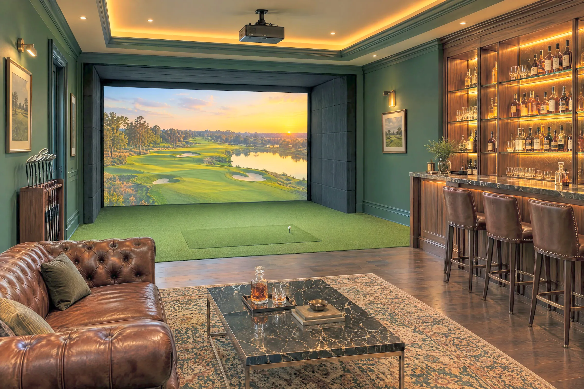 A golf simulator in a green-walled den with a backlit whisky bar and a leather Chesterfield sofa