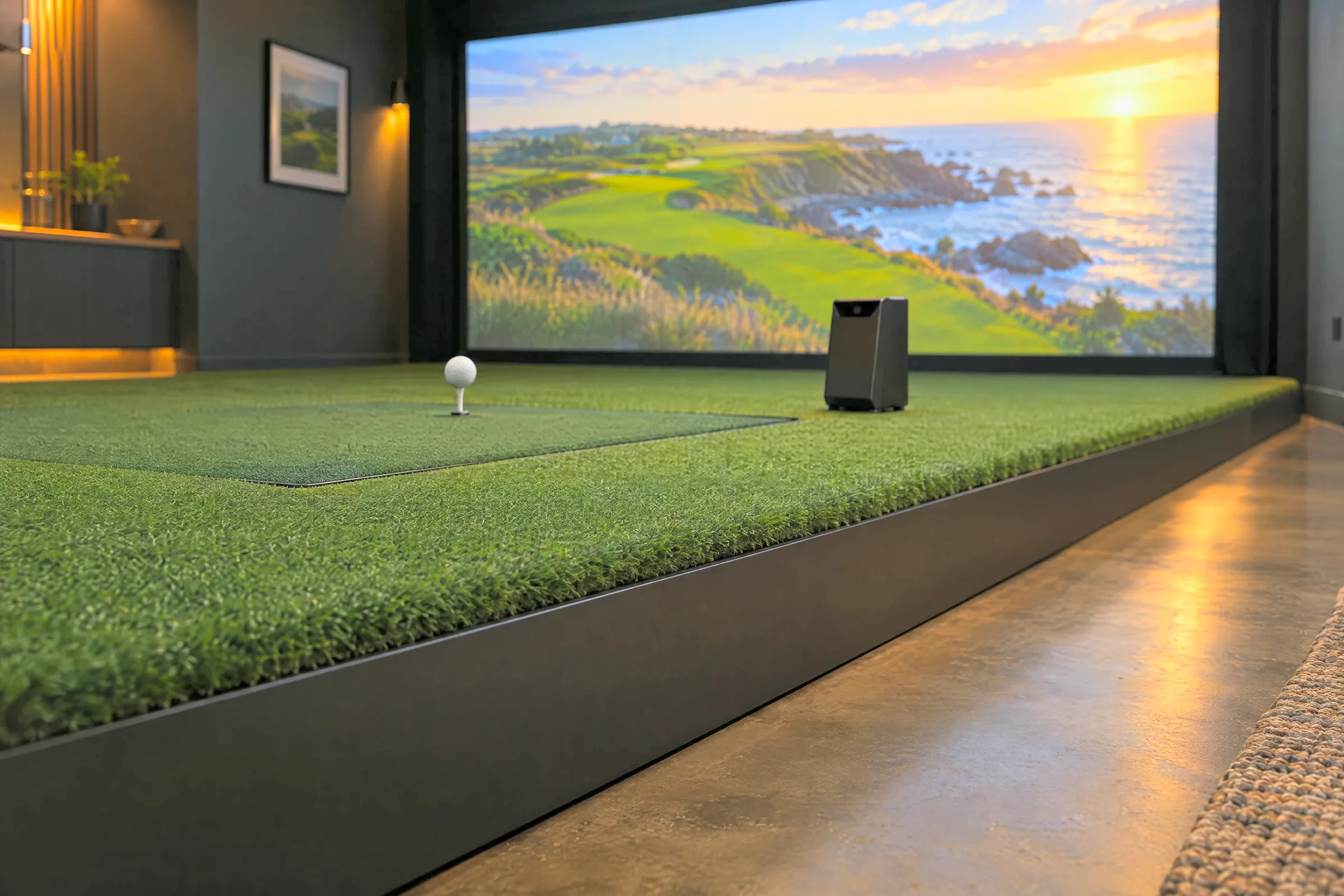 A golf ball on a tee on a raised turf platform with a black trim edge, the simulator screen glowing behind