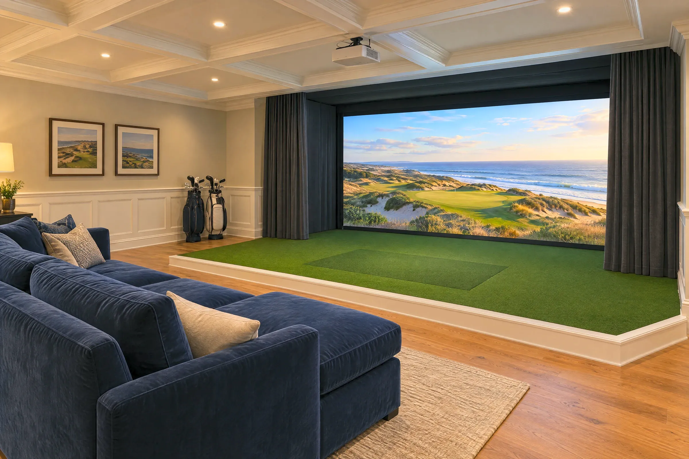 A golf simulator in a family room with white wainscoting, a navy sectional sofa and a raised turf platform with white trim