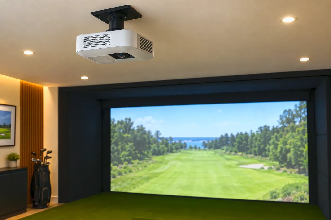 A white short-throw projector on a black ceiling bracket, the simulator screen behind it