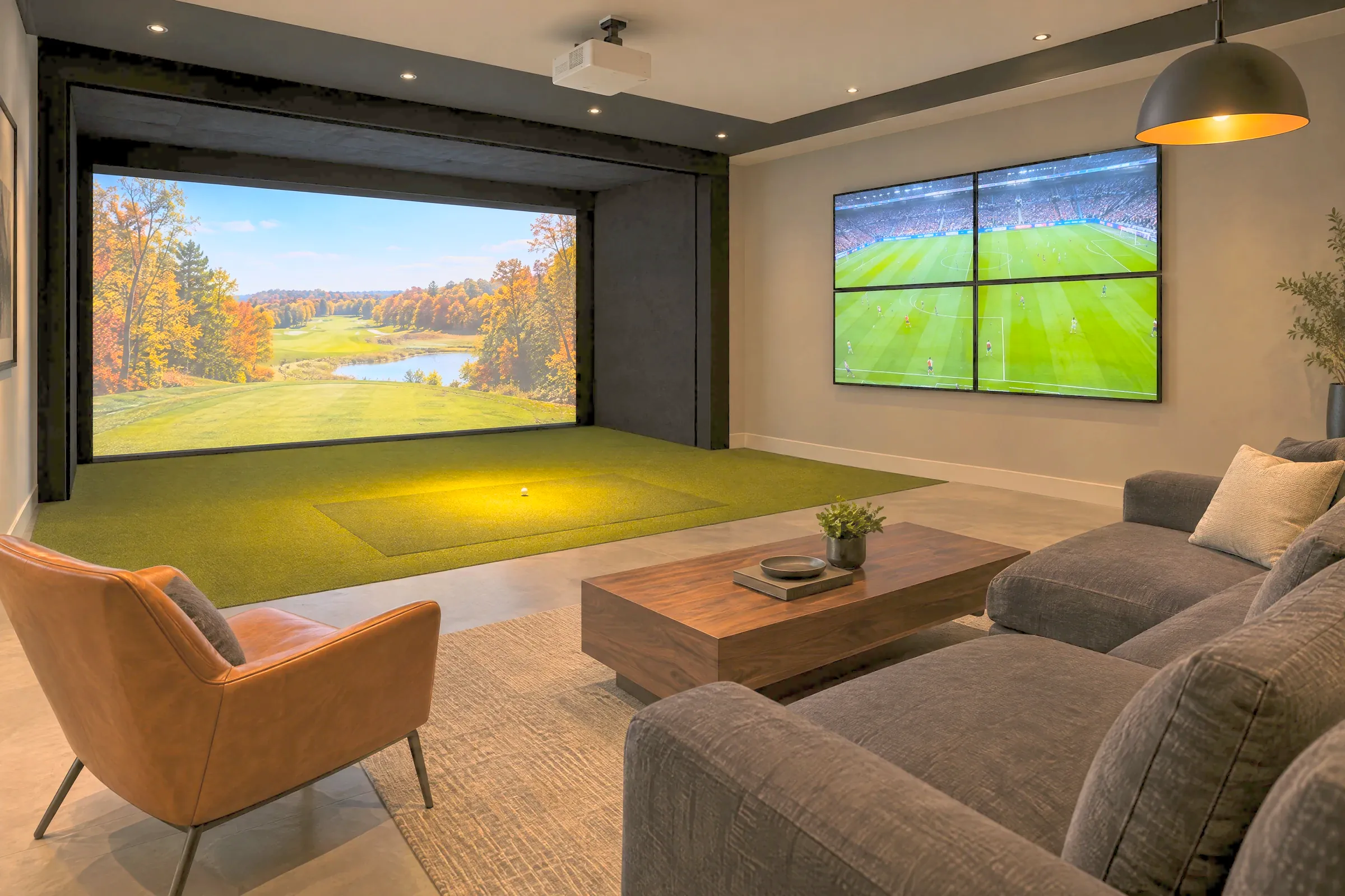A golf simulator in a modern sports lounge beside a wall of four televisions, with a leather chair and sofa in front